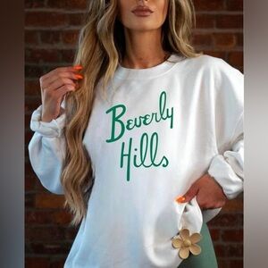 The Beverly Hills Retro Sweatshirt Cotton Blend Preppy Cream with Green Script